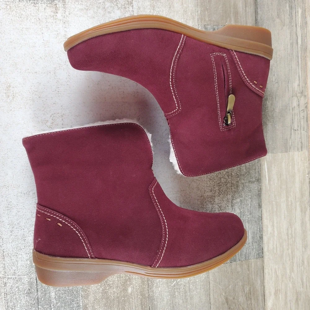 Spenco Sun Valley Womens Ankle Boots Sz 7.5 B Comfort Burgundy Suede Side Zip